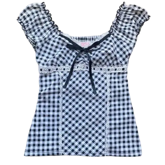Coquette Gingham Bow Crop Top – Black & White Lace Dream