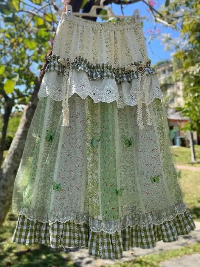 Enchanted Meadow Fairy Patchwork Skirt – Green Butterfly Boho Dream