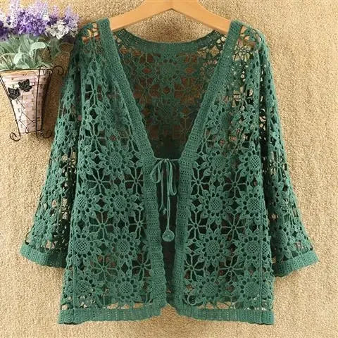 Crochet Lace Tie-Front Cardigan | Boho Festival Layer Sage Green One Size Crochet Lace Tie-Front Cardigan | Boho Festival Layer Cardigan
