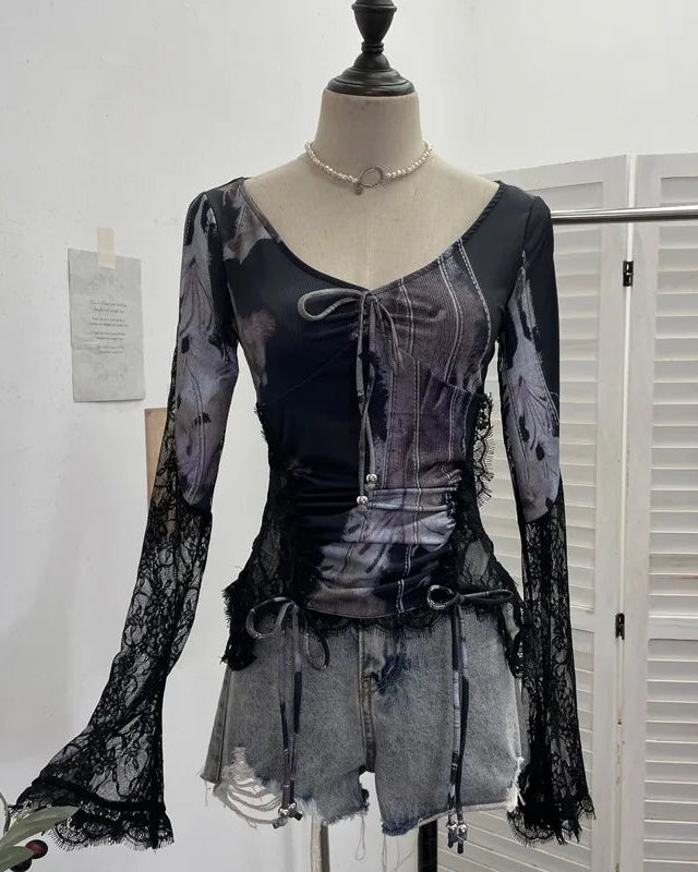 Pastel Mesh Lace-Up Corset Top – Fairy Grunge Long Sleeve Crop (Pink, Lilac, Mint, Black)