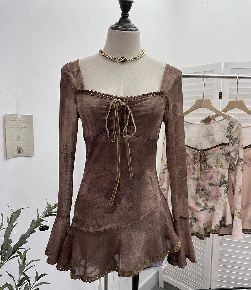 Pastel Floral Mesh Bow Peplum Top – Fairy Coquette Long Sleeve Dream