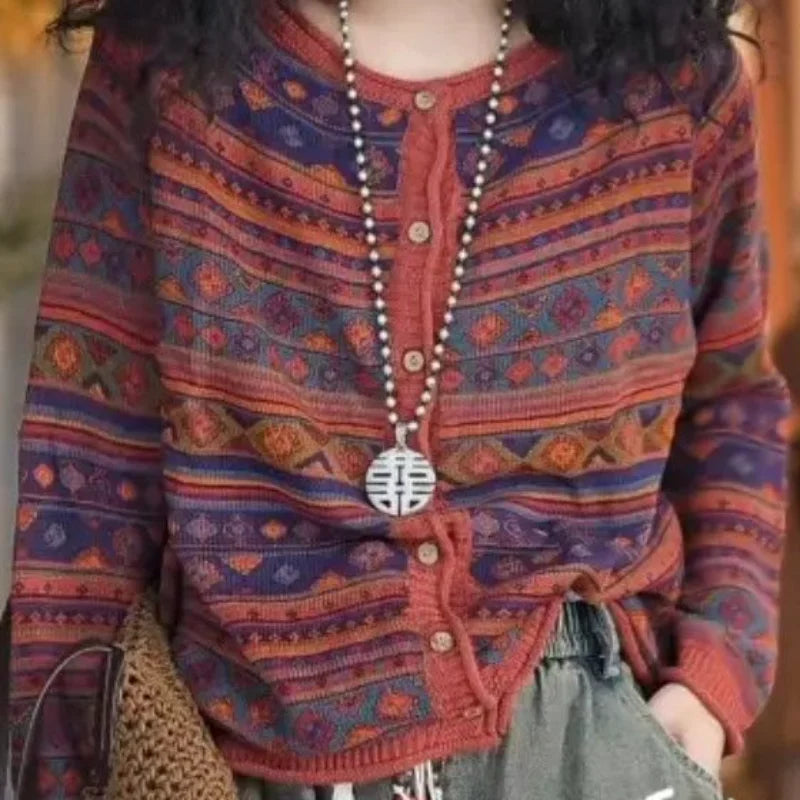 Bohemian Retro Round Neck Printed Knit Cardigan Loose Long Sleeve Sweater