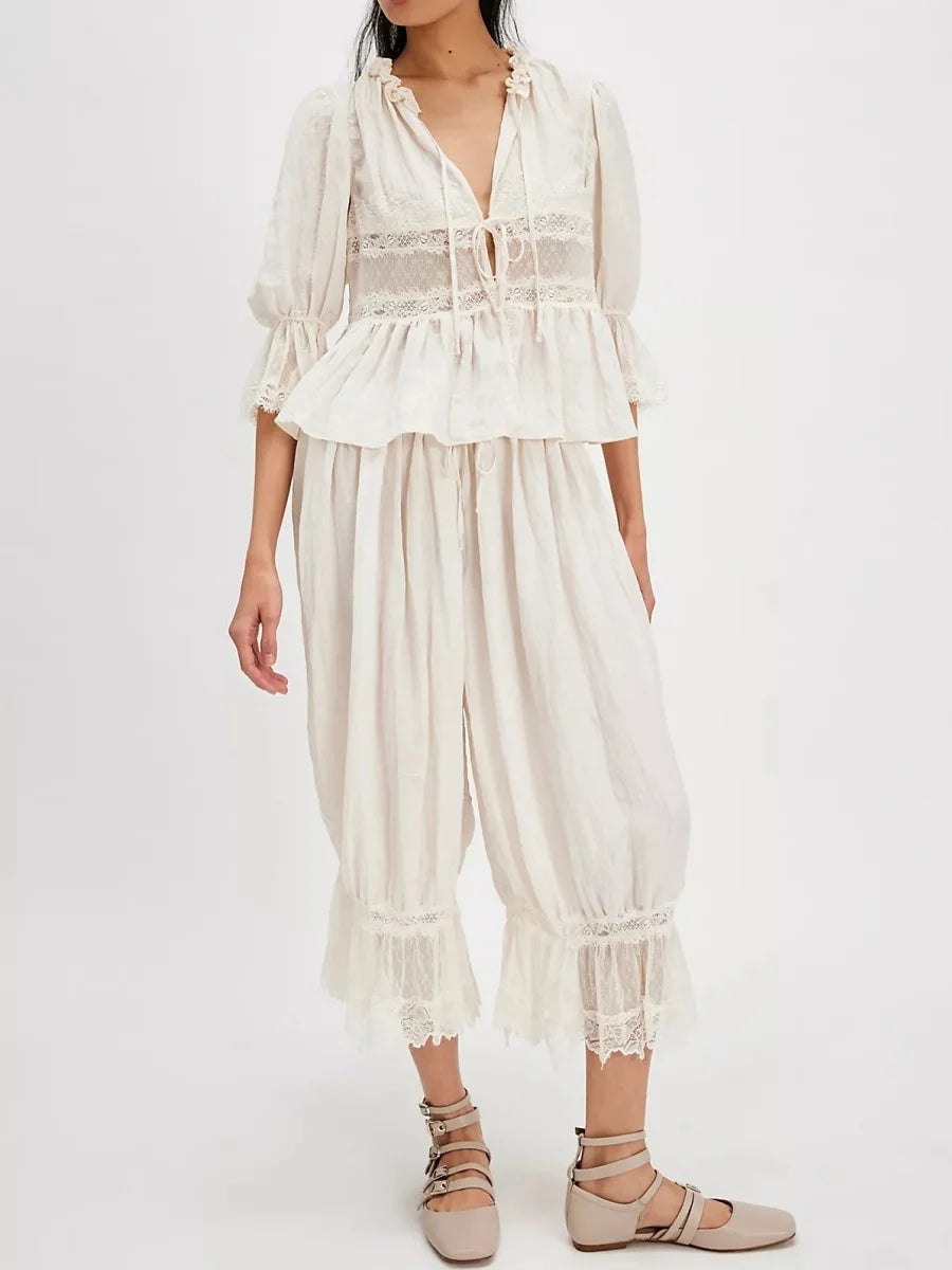 Vintage Lace Bloomer Pants Sets Romantic Lace Boho Co-ord Set – Puff Sleeve Blouse + Wide-Leg Pants (Mocha / Peach / Sage/ Ivory)
