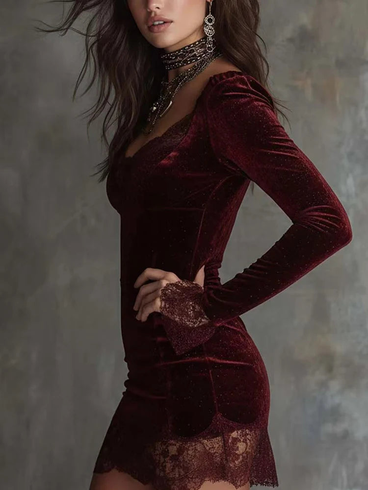 Burgundy Velvet Lace Mini Dress | Boho Velvet Glam