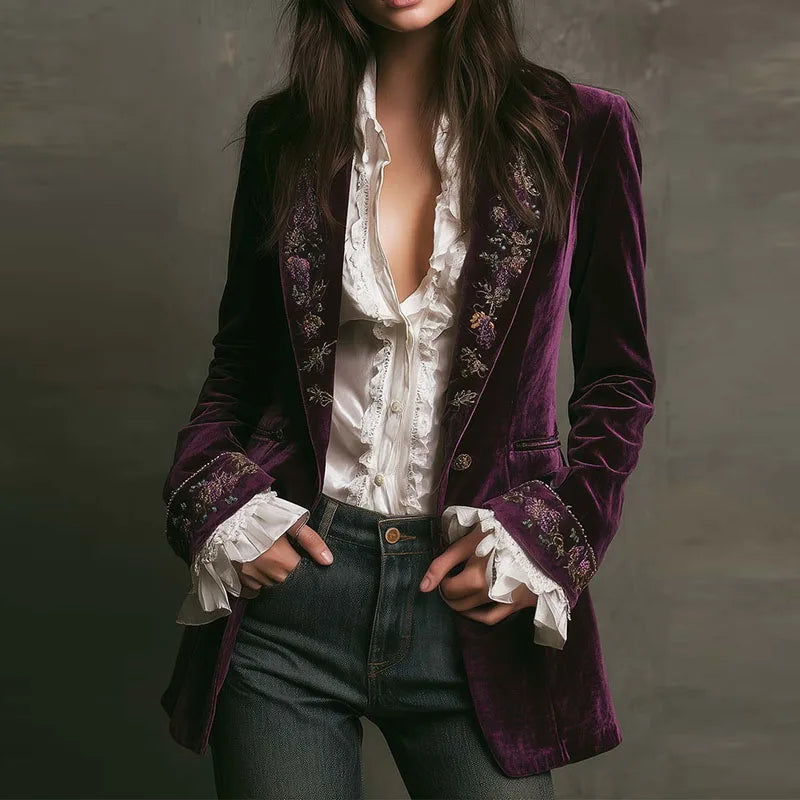 Vintage Ethnic Floral Print Velvet Women's Coat Fall Chic Stand Collar Slim Jacket Cardigan Winter Long Sleeve Female Outerwears