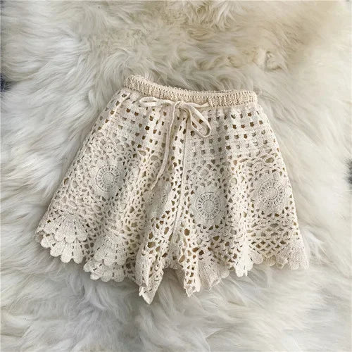 Crochet Lace Shorts – Boho Scalloped Dream (Cream / White) Cream One Size Crochet Lace Shorts – Boho Scalloped Dream (Cream / White) Shorts