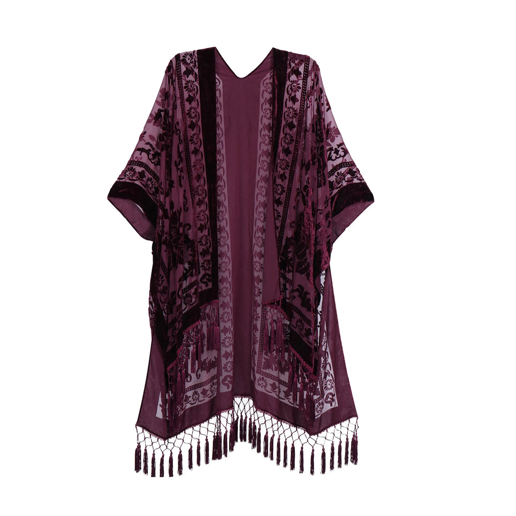 WeHello Bohemian burnt plush kimono Women's long Purple Tassel Beach Cover-up  Holiday Casual Cardigan Shawl JYPF-20