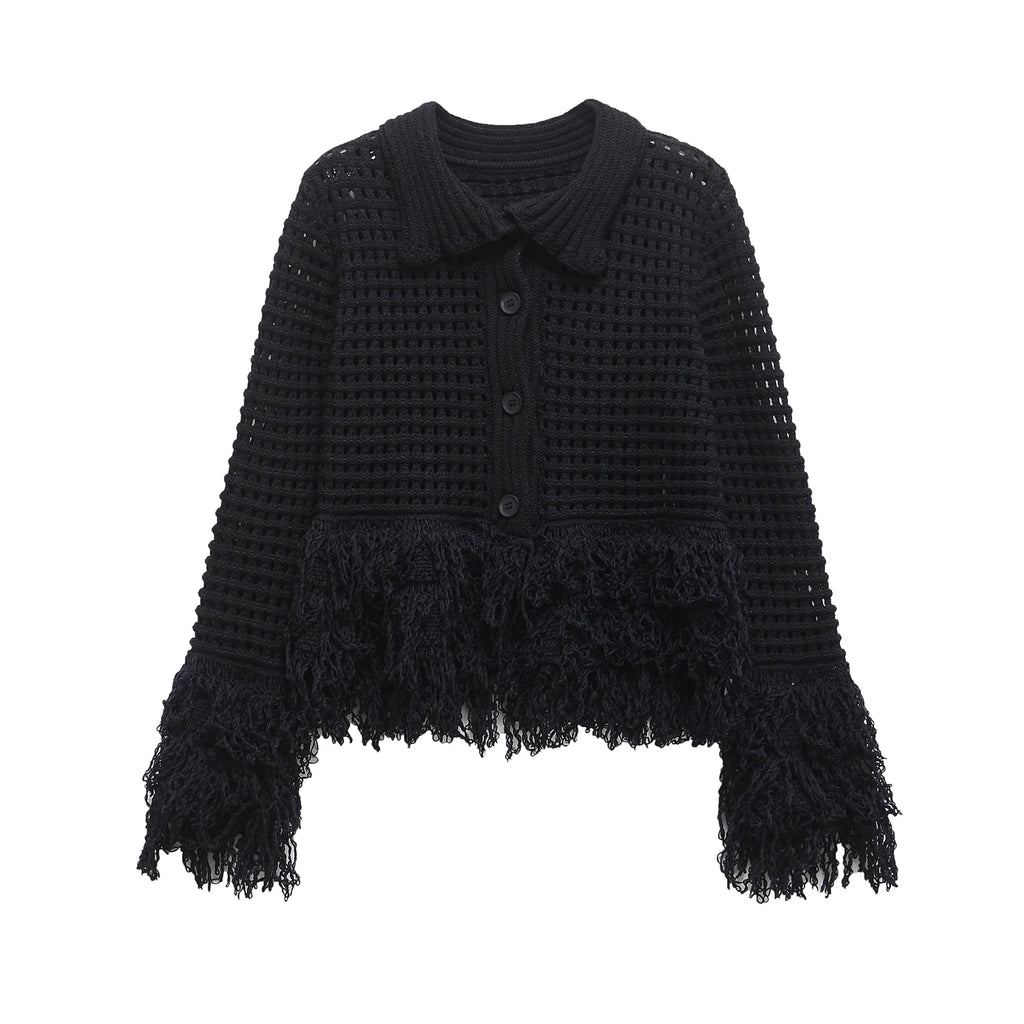 Black Fringed Crochet Cardigan – Midnight Boho Layer L Black Fringed Crochet Cardigan – Midnight Boho Layer Cardigan
