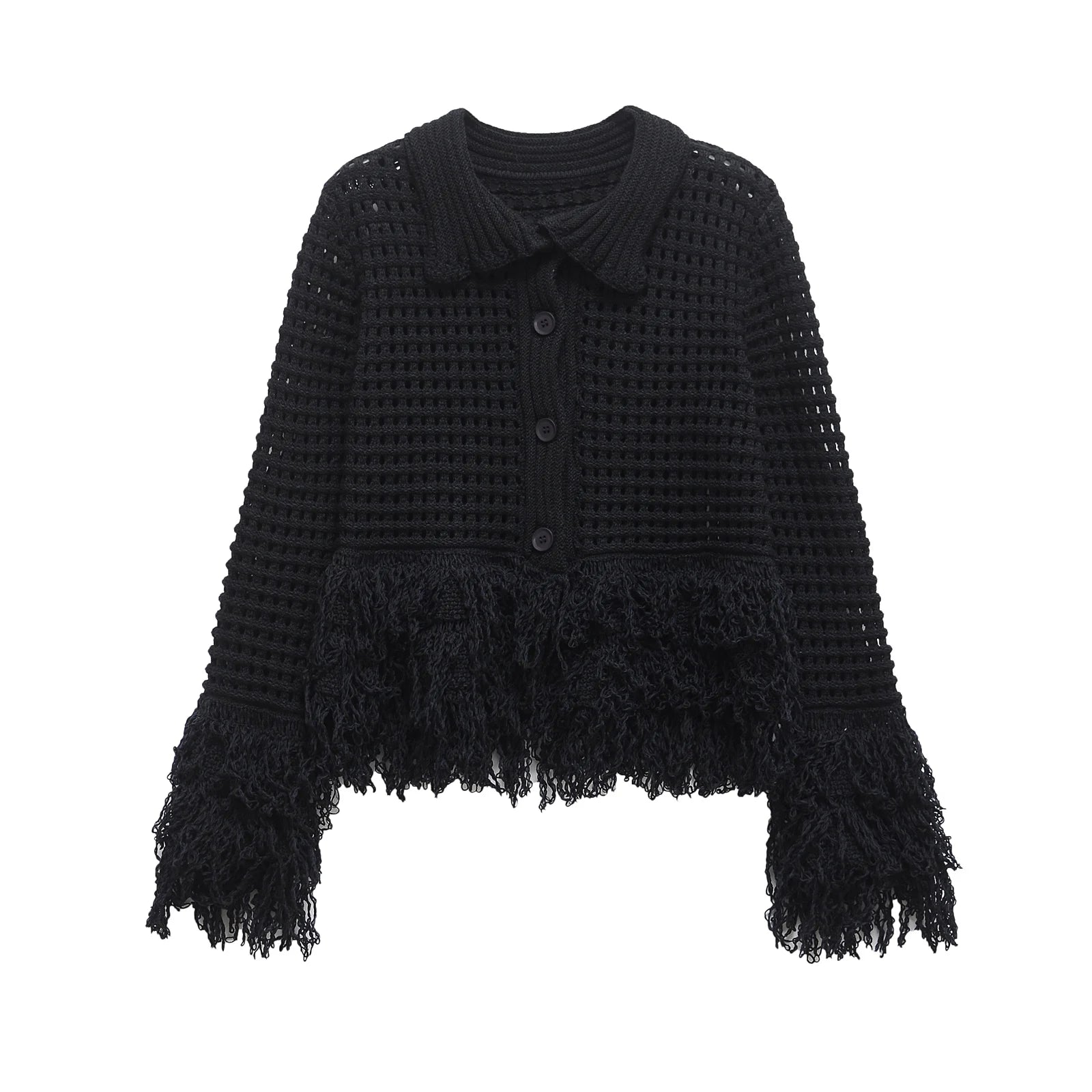 Black Fringed Crochet Cardigan – Midnight Boho Layer L Black Fringed Crochet Cardigan – Midnight Boho Layer Cardigan
