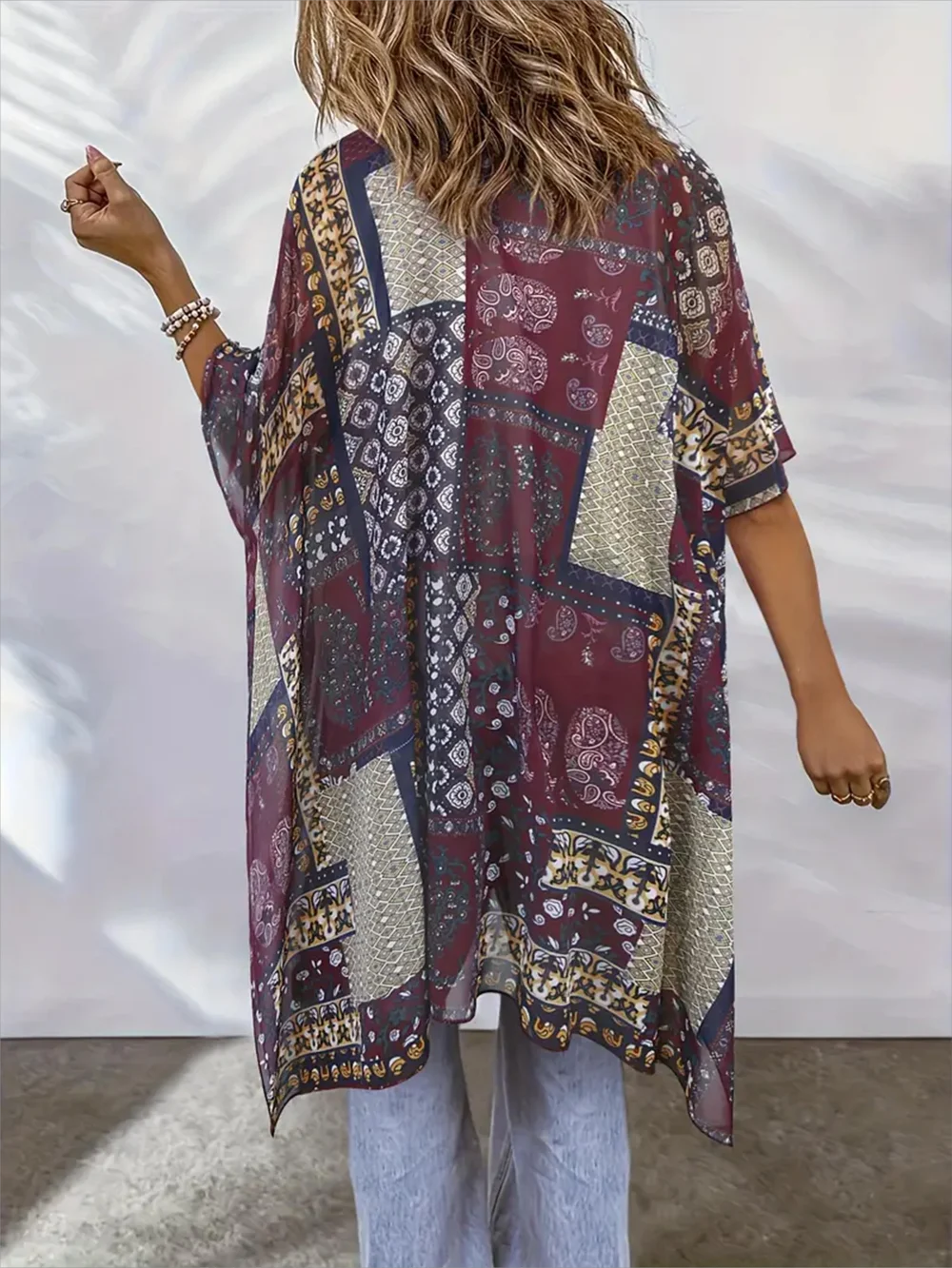 Maroon Paisley Patchwork Sheer Kimono Duster – Boho Gypsy Long Cover up