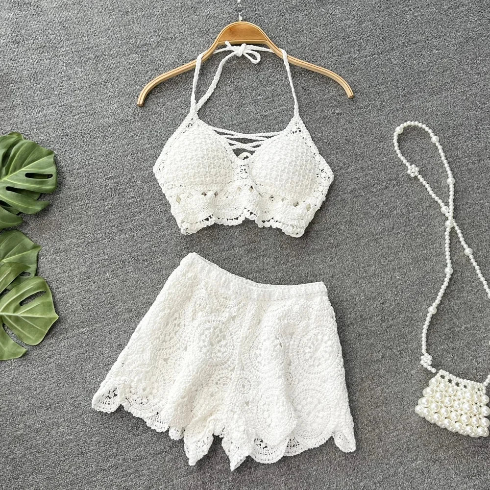 Crochet Two-Piece Set – Boho Halter Top & Shorts Co-ord (Cream / White) White One Size Crochet Two-Piece Set – Boho Halter Top & Shorts Co-ord (Cream / White) Beachwear