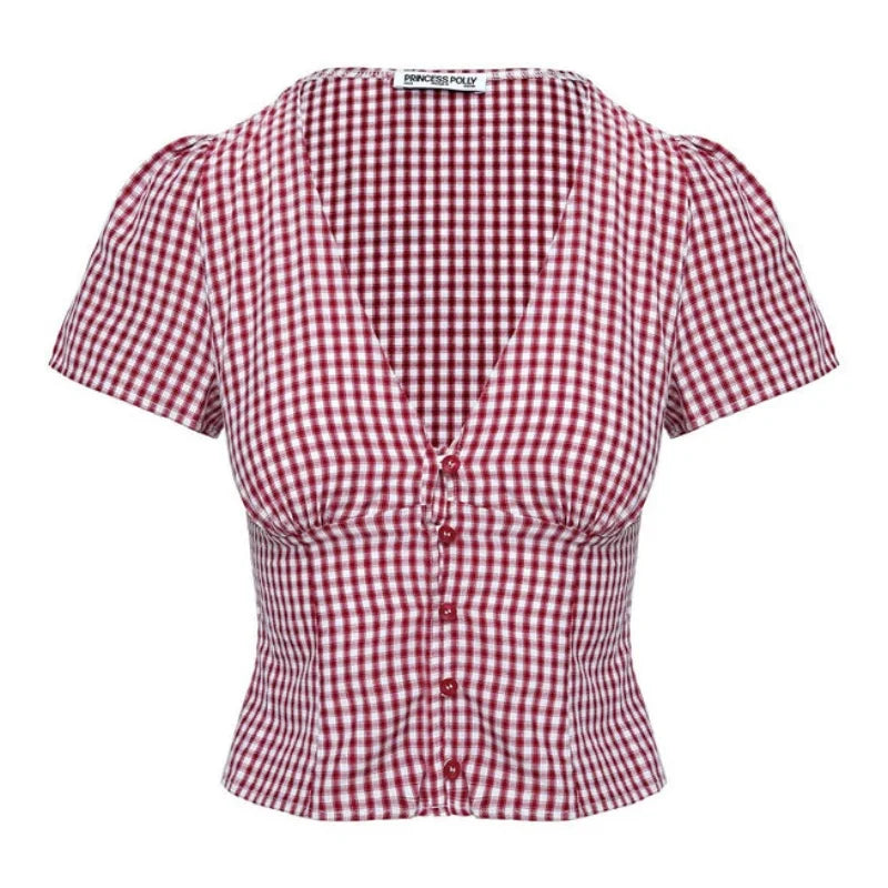 Strawberry Gingham Plunge Crop Top – Coquette Picnic Dream