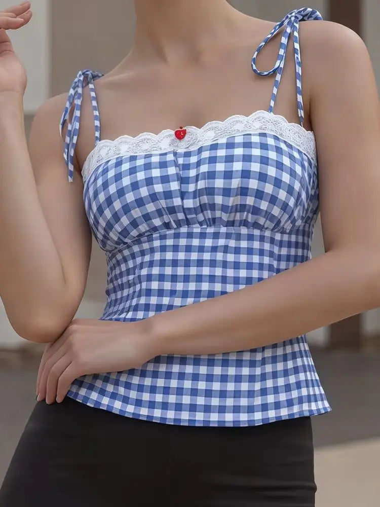 Gingham Lace Heart Camisole Top – Coquette Cottagecore Sweetheart