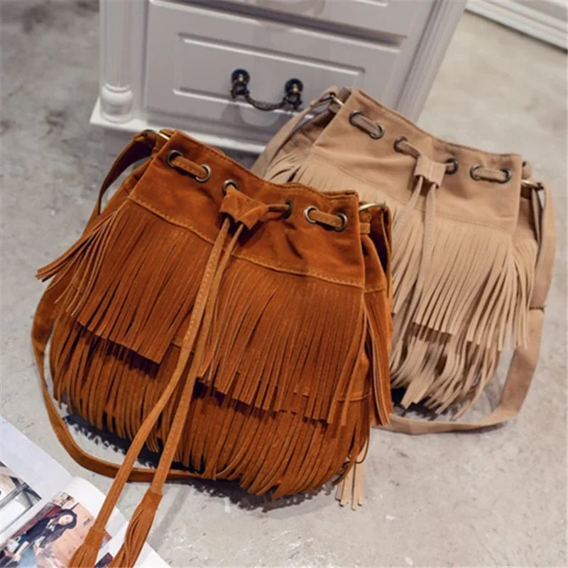 Fashion Retro Faux Suede Fringe Women Messenger Bags Tote New Handbag Tassel Shoulder Handbags Crossbody Bag Tassel Bucket