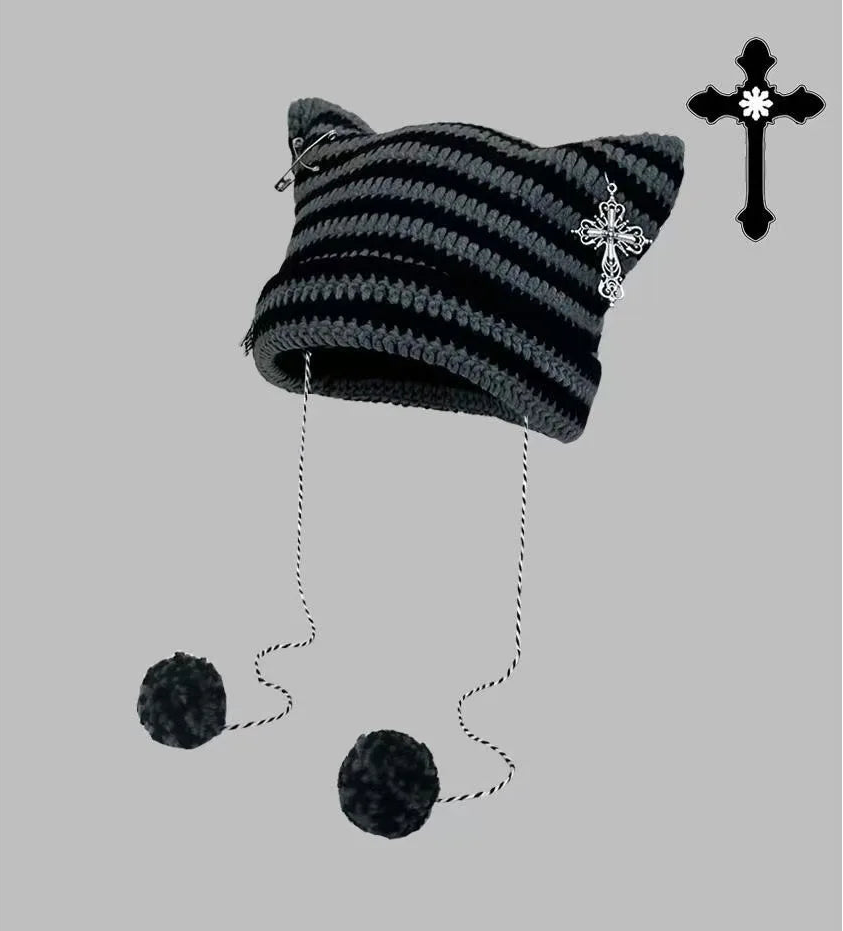 Cat-Ear Striped Beanie with Pom-Poms – 6 Grunge-Fairy Colours (The Cutest Winter Hat You’ll Ever Own) Black Grey + Cross One Size Cat-Ear Striped Beanie with Pom-Poms – 6 Grunge-Fairy Colours (The Cutest Winter Hat You’ll Ever Own) Hats