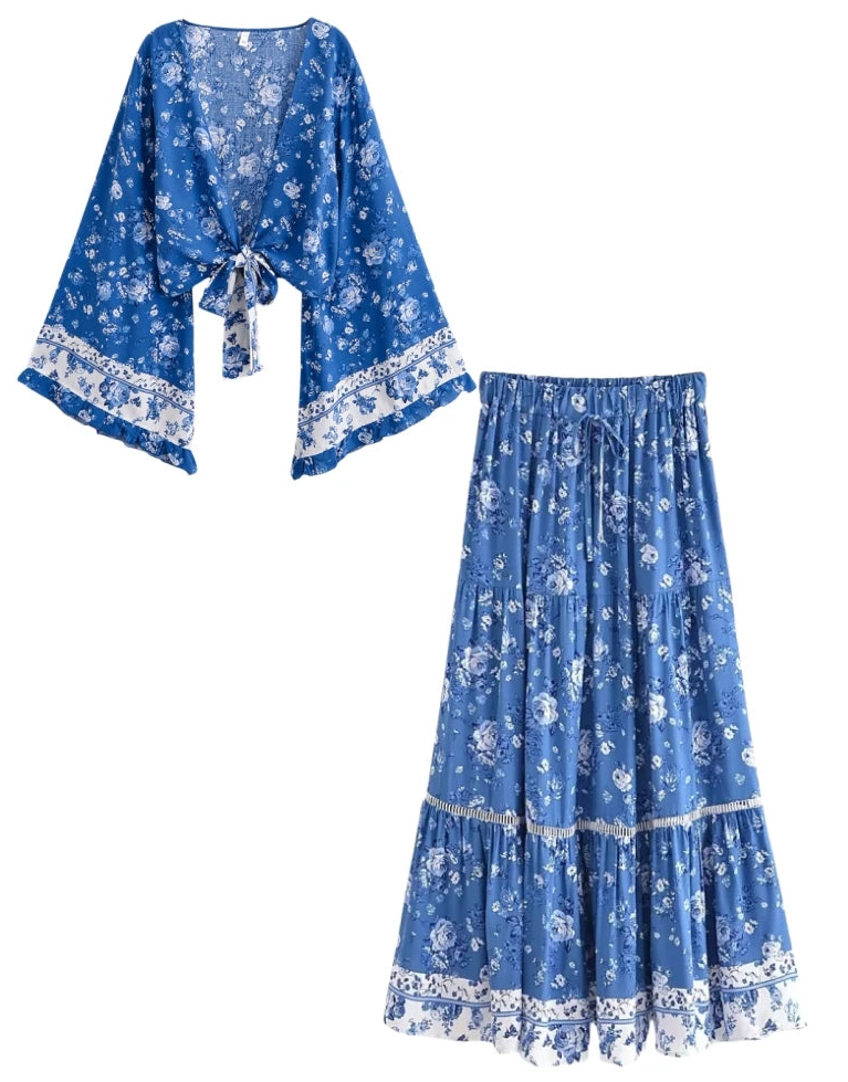 Boho Floral Kimono Set – Lace-Trimmed Crop Top + Tiered Maxi Skirt (Terracotta / Cobalt Blue)