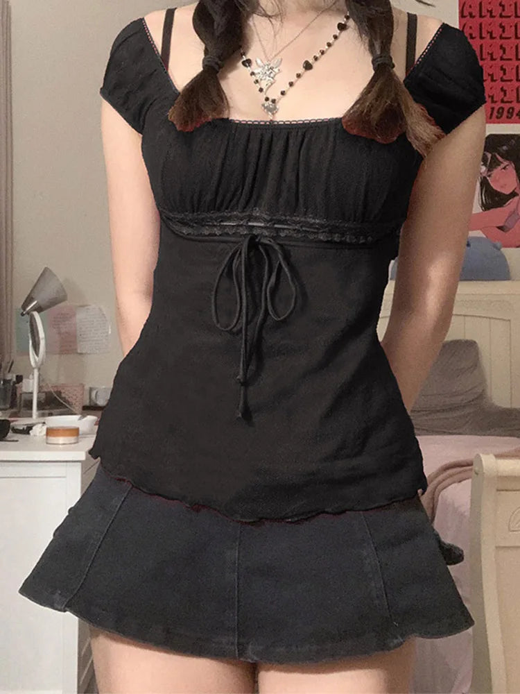 Romantic Off-Shoulder Ruched Lace Trim Top with Tie Bow – Gypsy Boho Essential (Red, White, Black)