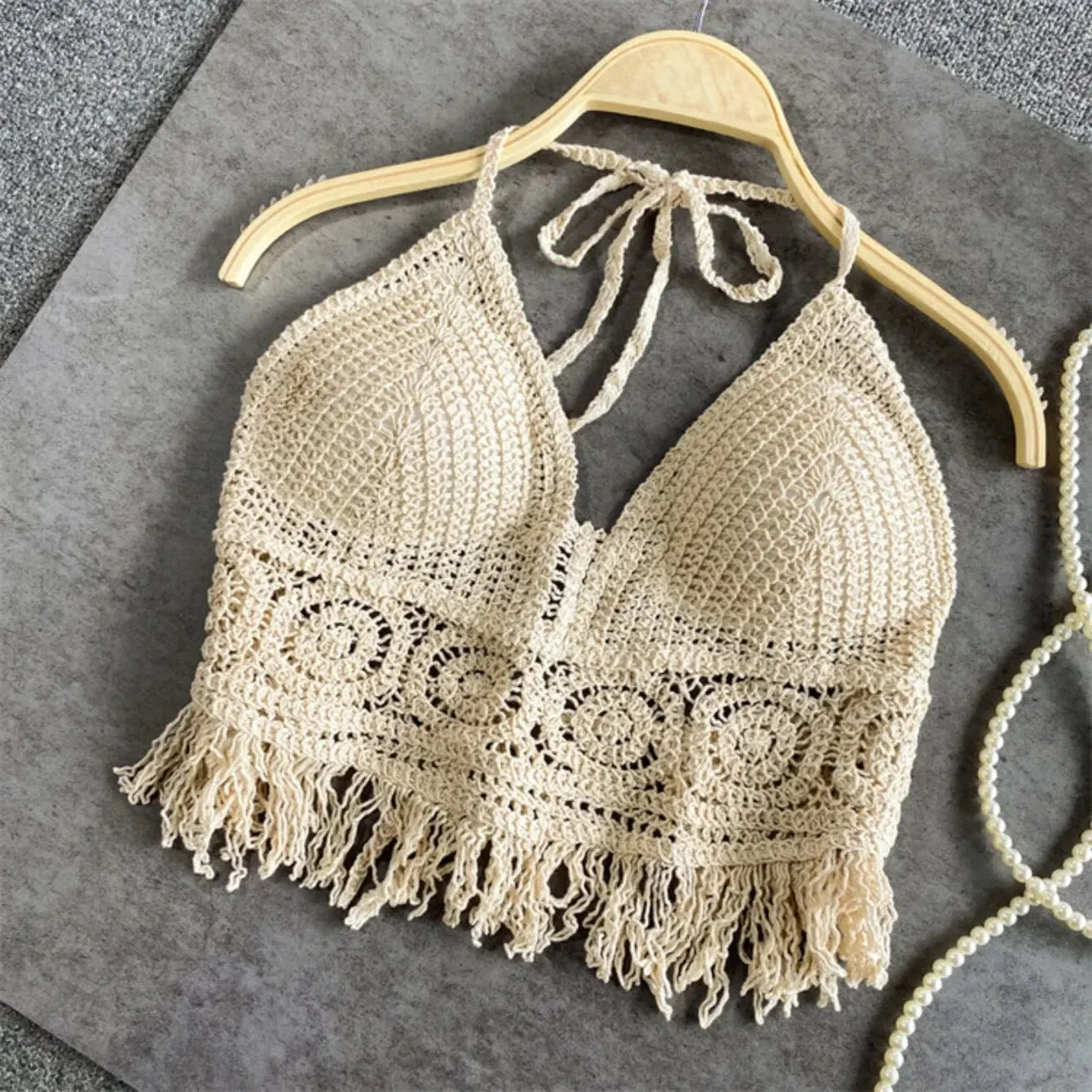 Boho Lace Fringe Halter Crop