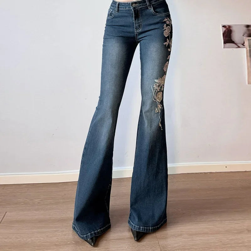 Moonlit Rose Embroidered Flare Jeans – Midnight Blue (Y2K Boho Dream)