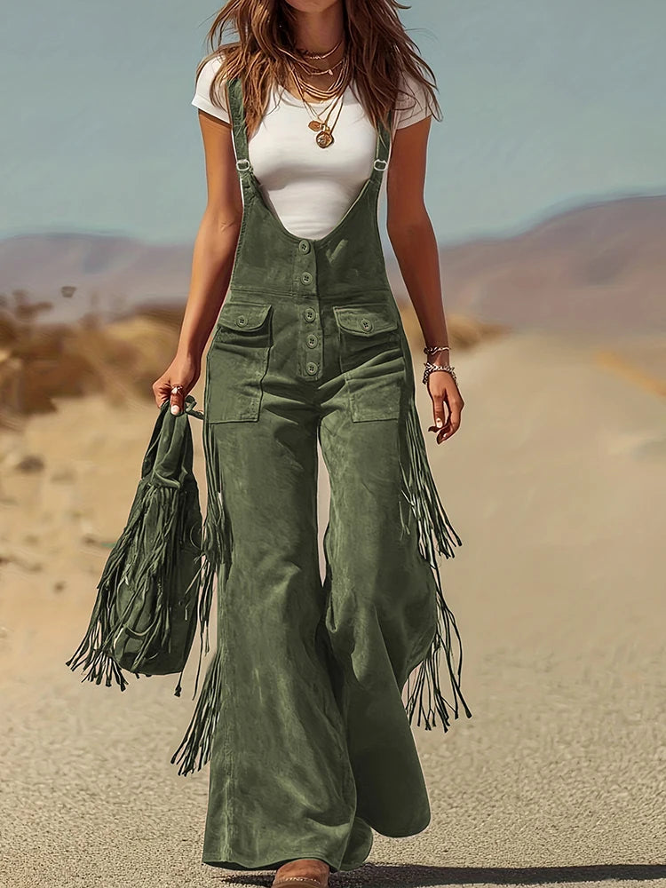 Gypsy Faux Suede Fringe Jumpsuit | Fringe Tassels & Buttons