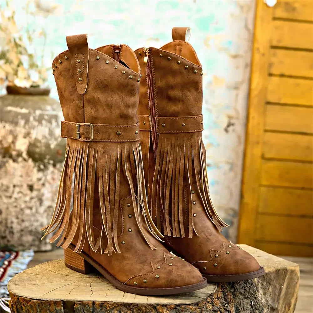 Fringe Ankle Boots – Boho Studded Booties (Toupe / Tan / Green / Black)