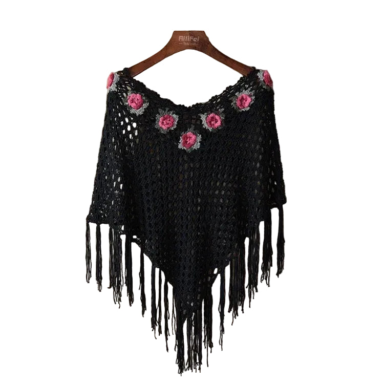 Floral Crochet Fringe Poncho – Boho Festival Wrap (Black / Cream / White) Black Floral Crochet Fringe Poncho – Boho Festival Wrap (Black / Cream / White) Wrap