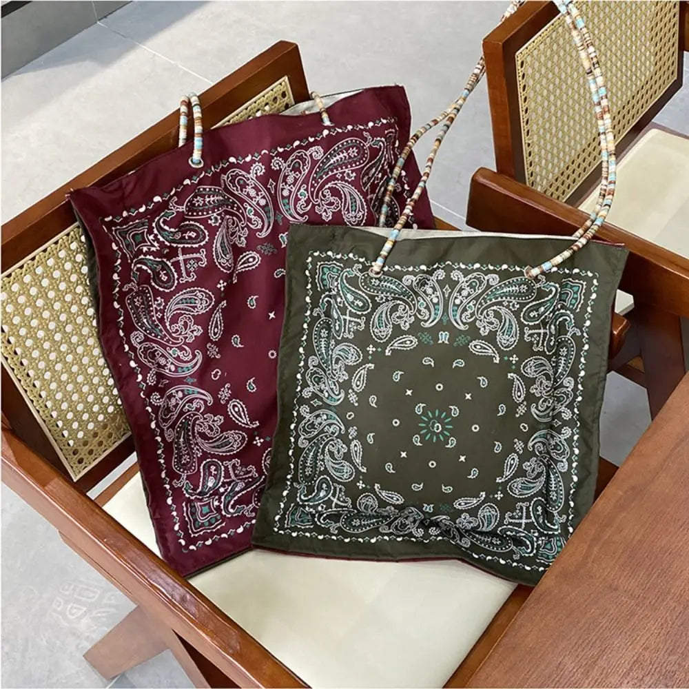 Double-Sided Paisley Bandana Tote Bag with Beaded Effect Handles | Boho Festival Bag