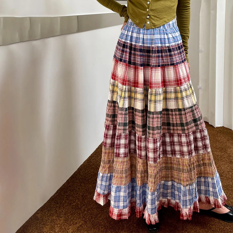Tiered Plaid Patchwork Maxi Skirt | Boho Festival Patch