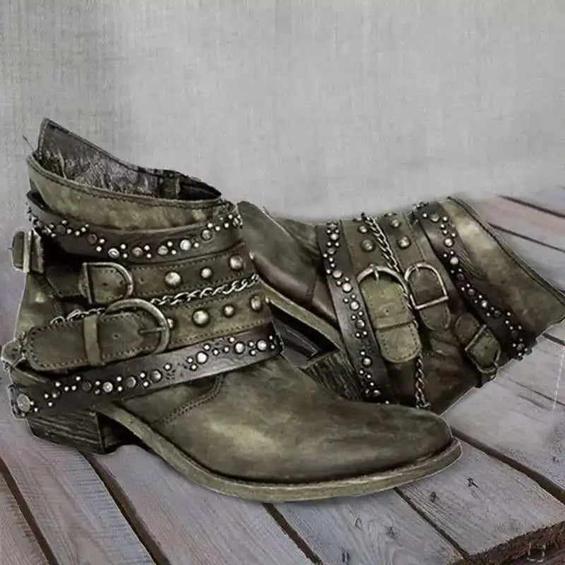 Distressed Studded Strap Boots – Boho Rockstar Ankle Boots (Black / Navy / Olive / Brown) Distressed Studded Strap Boots – Boho Rockstar Ankle Boots (Black / Navy / Olive / Brown) Boots