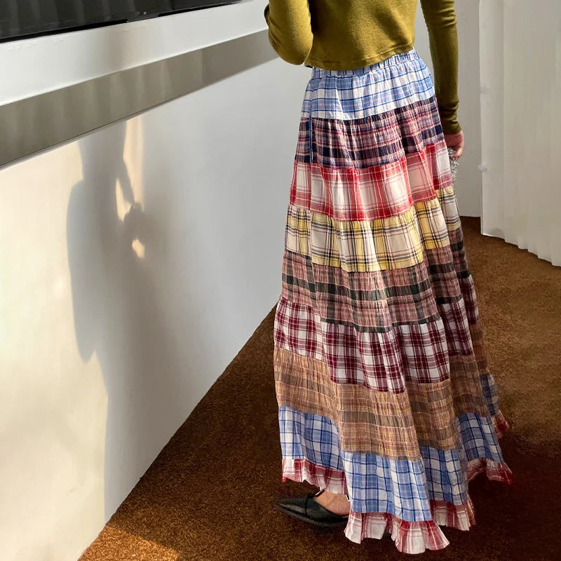 Tiered Plaid Patchwork Maxi Skirt | Boho Festival Patch