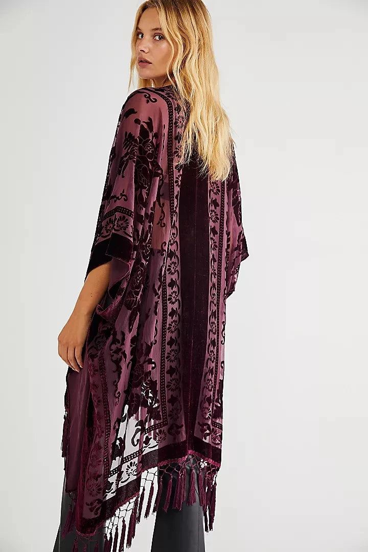WeHello Bohemian burnt plush kimono Women's long Purple Tassel Beach Cover-up  Holiday Casual Cardigan Shawl JYPF-20