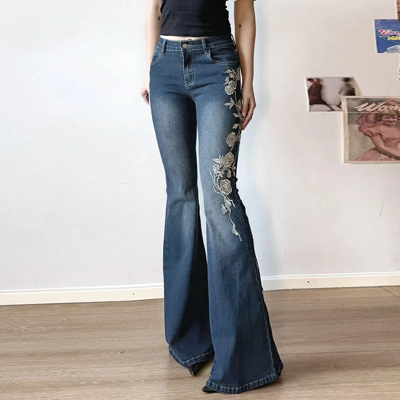Moonlit Rose Embroidered Flare Jeans – Midnight Blue (Y2K Boho Dream)