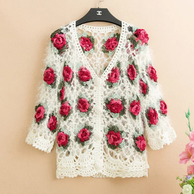 Rose Garden Mohair Crochet Cardigan – Floral Boho Dream Cardi