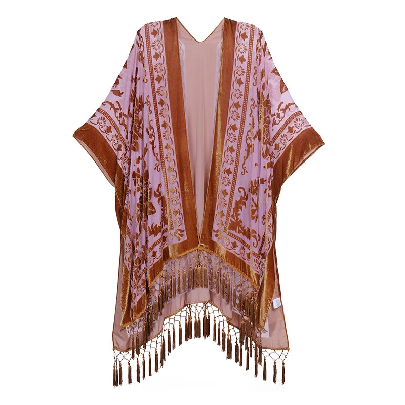 WeHello Bohemian burnt plush kimono Women's long Purple Tassel Beach Cover-up  Holiday Casual Cardigan Shawl JYPF-20