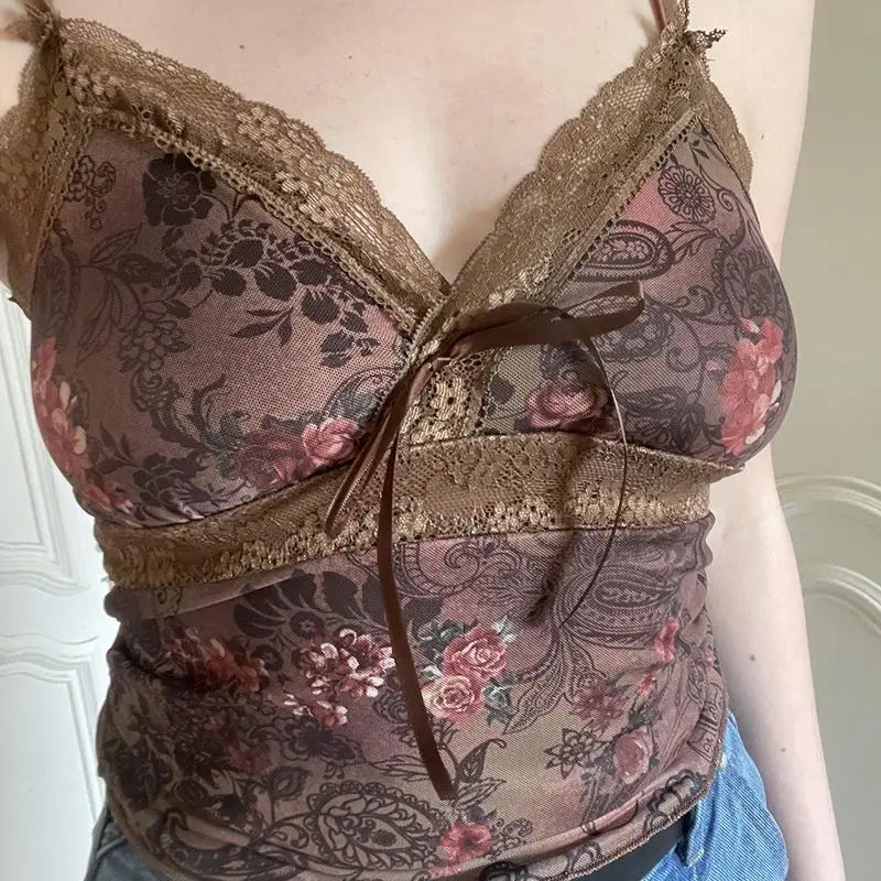 Vintage Paisley Mesh Lace-Up Crop Top – Boho Fairy Grunge Camisole