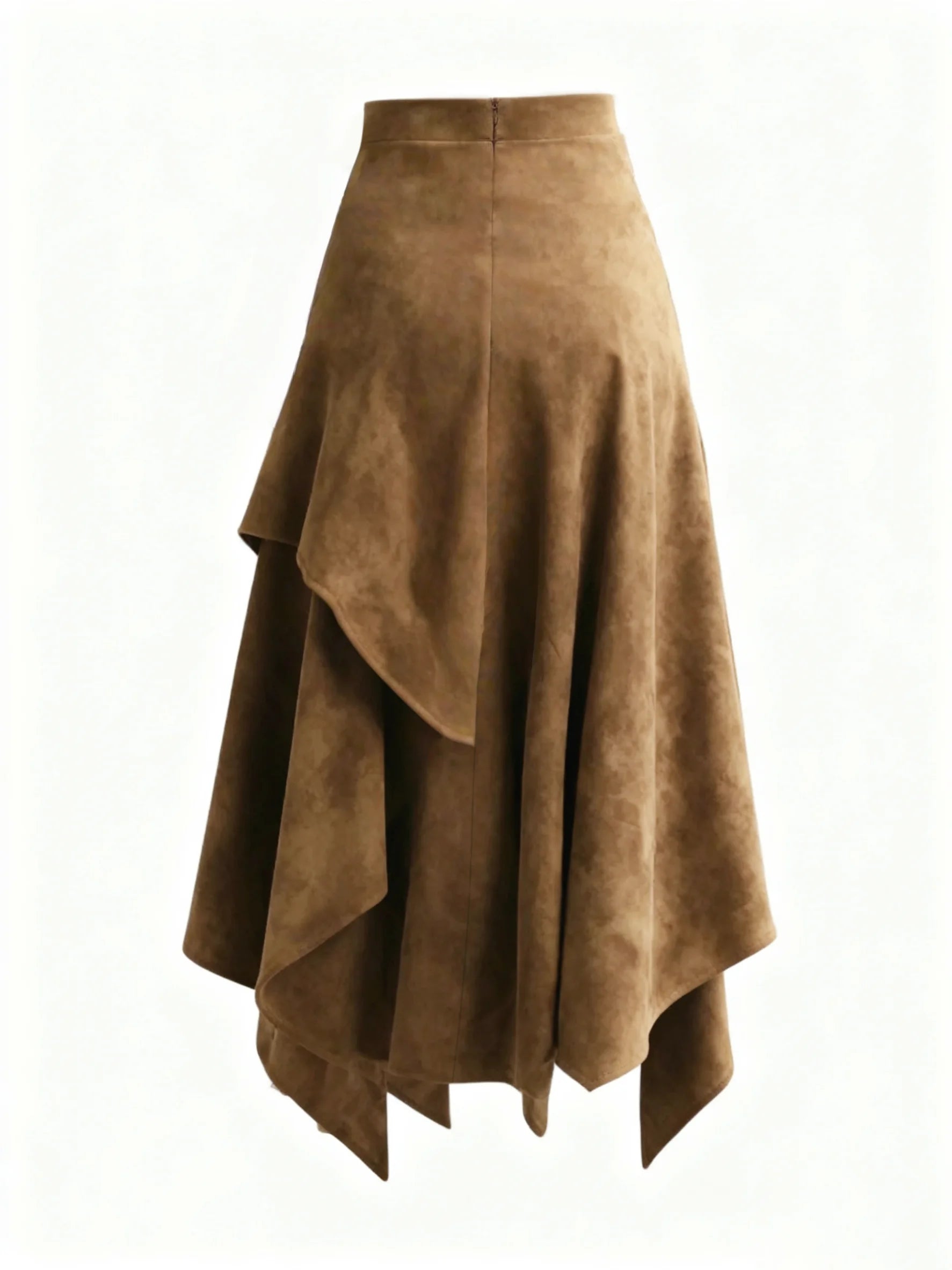 Tan Suede Wrap Asymmetrical Midi Skirt with Tassel Tie – Boho Gypsy Layering Essential