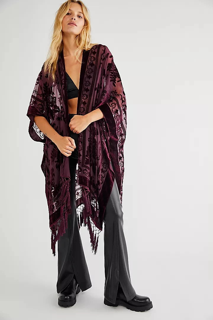 WeHello Bohemian burnt plush kimono Women's long Purple Tassel Beach Cover-up  Holiday Casual Cardigan Shawl JYPF-20