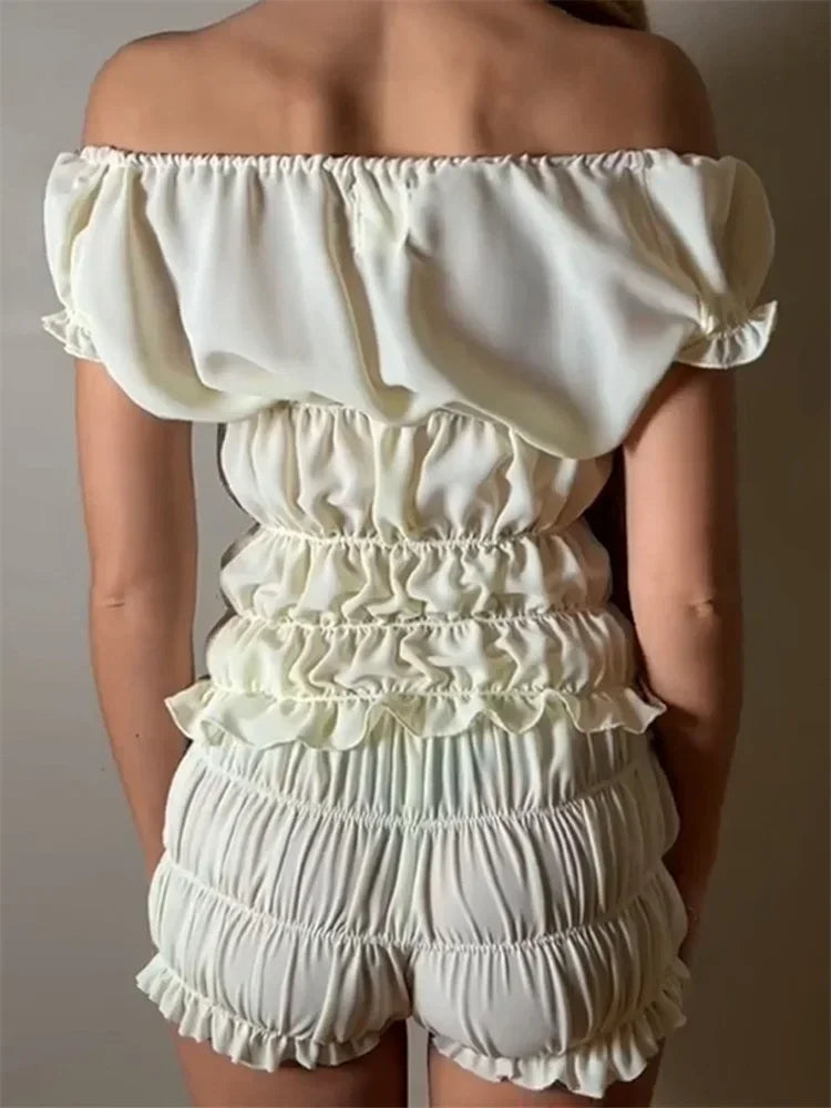 Off-Shoulder Ruffle Bow Romper Set – Coquette Shirred (Ivory, Cherry Gingham, Black)