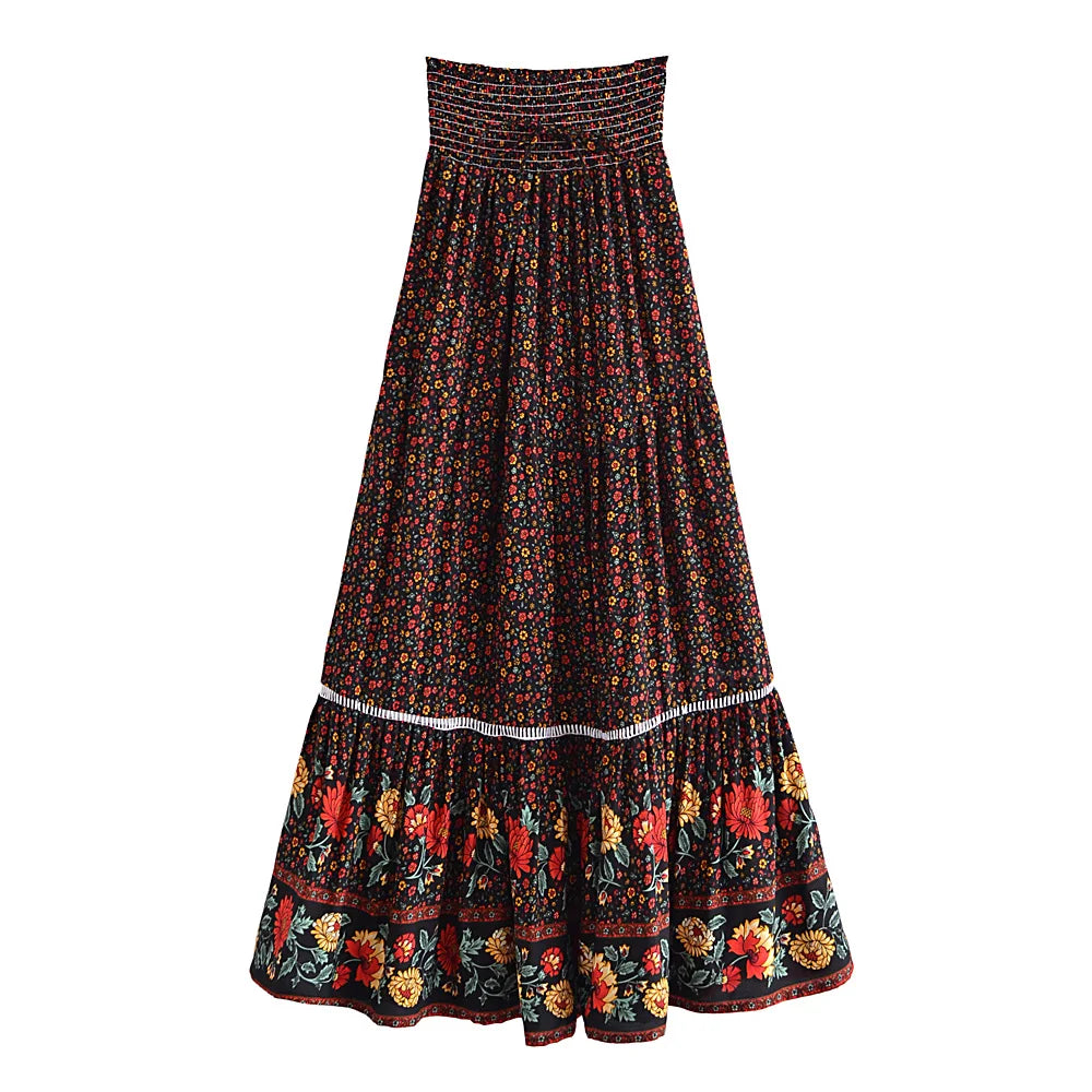 Smocked Floral Maxi Skirt – Boho Border Print Dream (Black / Navy / Red / Beige) Black Smocked Floral Maxi Skirt – Boho Border Print Dream (Black / Navy / Red / Beige) Skirt