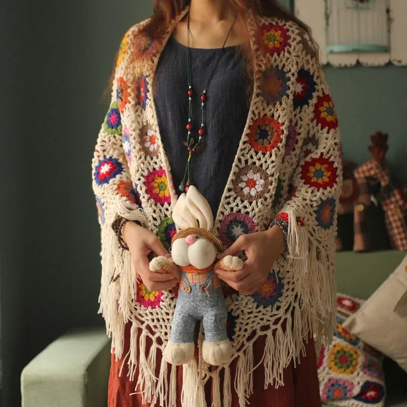 Granny Square Crochet Shawl – Fringed Boho Wrap (Black / Cream) Granny Square Crochet Shawl – Fringed Boho Wrap (Black / Cream) Wrap