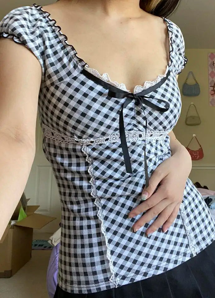Coquette Gingham Bow Crop Top – Black & White Lace Dream