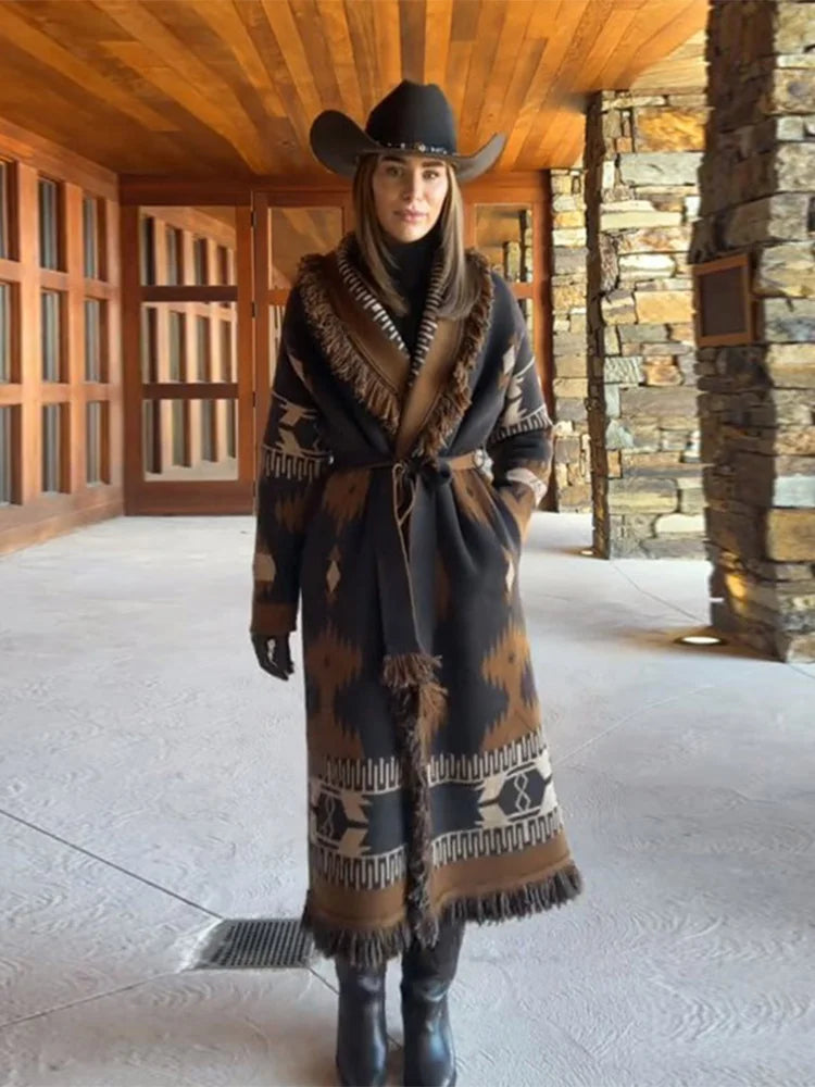 Tassel Patchwork Printed Belt Cardigan Women Turn-down Collar Long Sleeve Knitted Fashion Sweater Vintage Autumn 2025 Cardigans