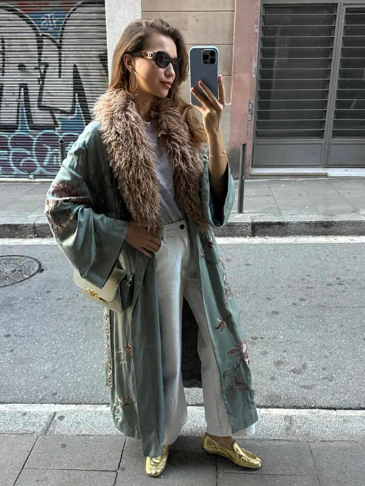Vintage-Inspired Sage Floral Embroidered Kimono Coat with Luxe Faux Fur Collar
