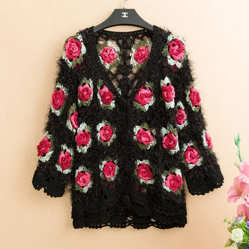 Rose Garden Mohair Crochet Cardigan – Floral Boho Dream Cardi