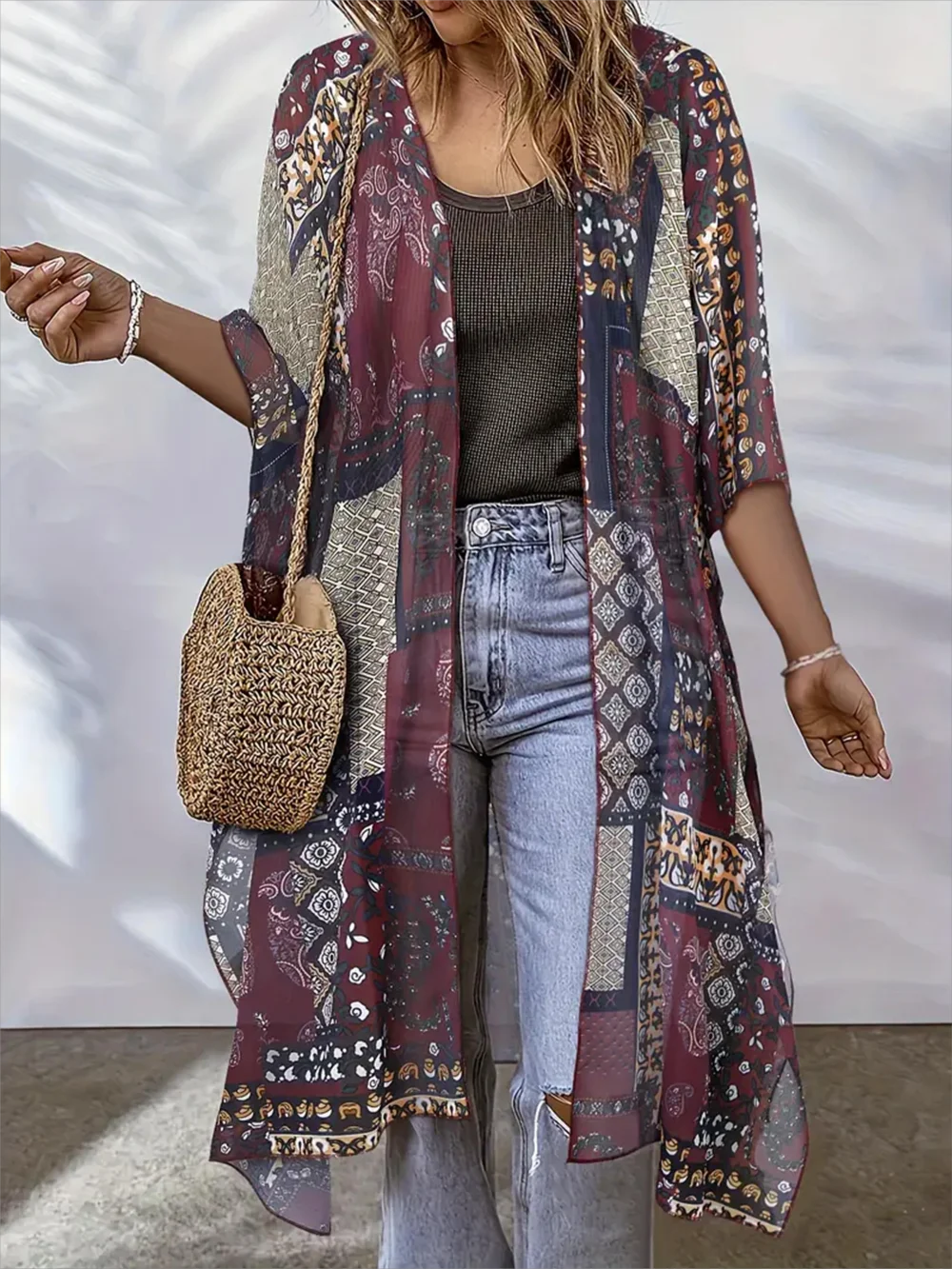 Maroon Paisley Patchwork Sheer Kimono Duster – Boho Gypsy Long Cover up