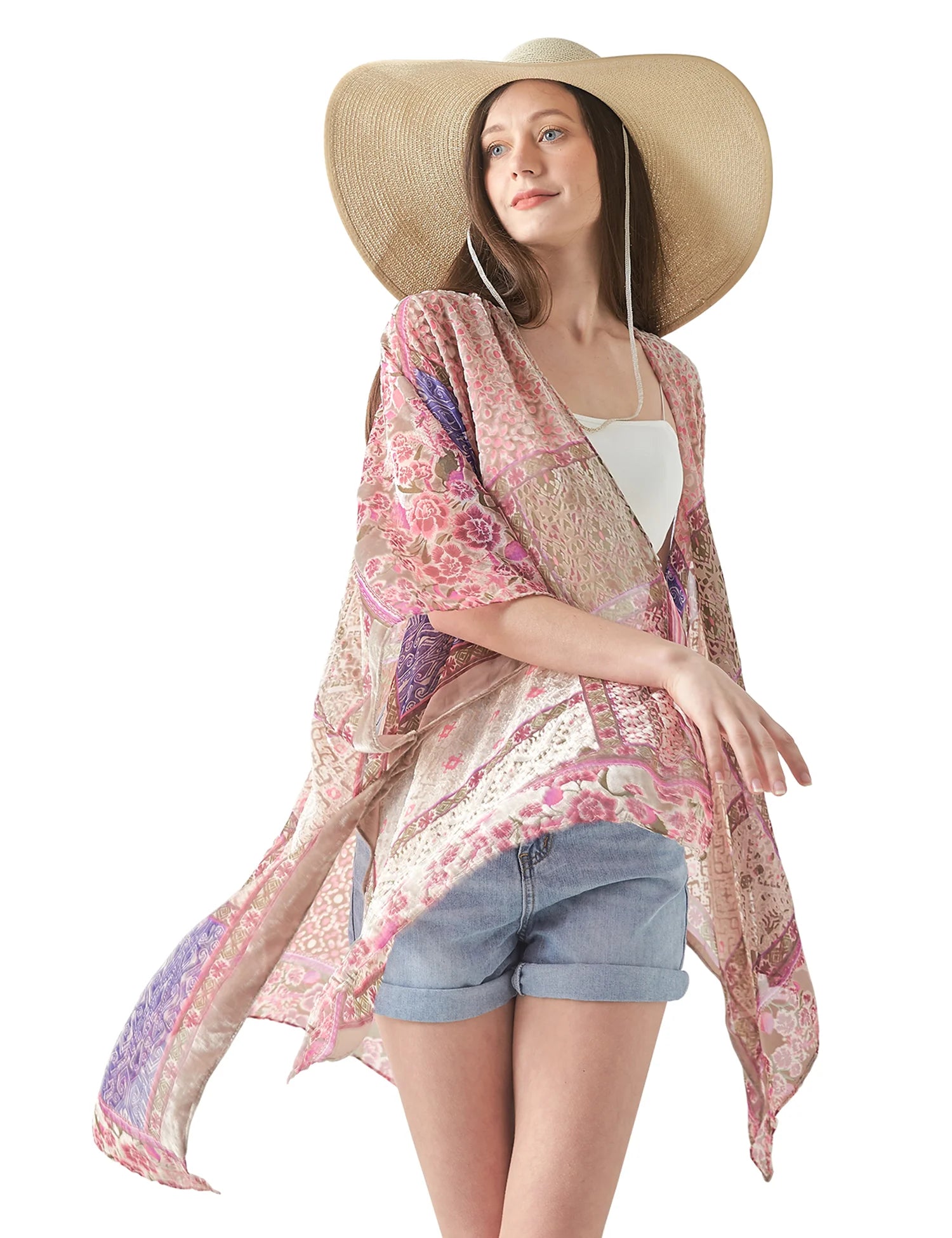 WeHello Bohemian burnt plush kimono Women's long Purple Tassel Beach Cover-up  Holiday Casual Cardigan Shawl JYPF-20