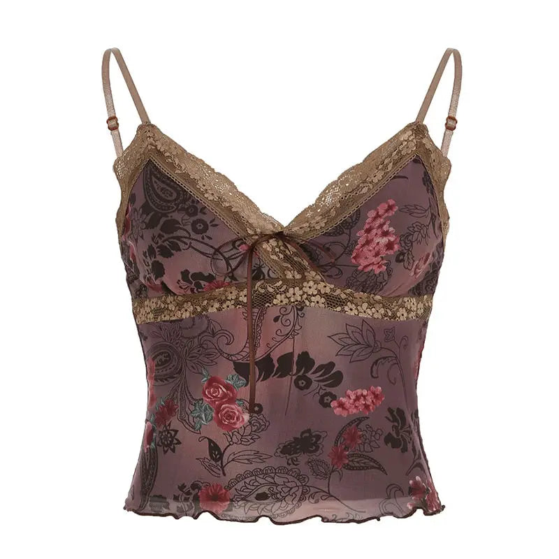 Vintage Paisley Mesh Lace-Up Crop Top – Boho Fairy Grunge Camisole
