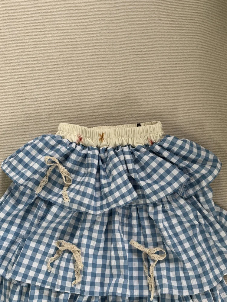 Sky Blue Gingham Tiered Prairie Skirt – Cottagecore Milkmaid Dream