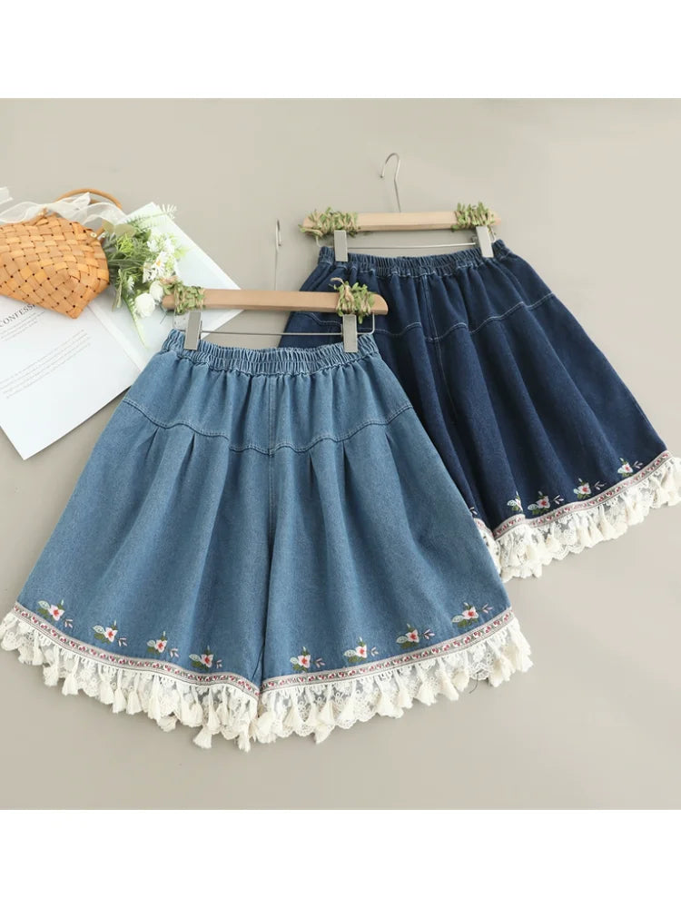 Embroidered Denim Fringe Shorts – Boho Lace Hem (Light Blue / Dark Blue) Embroidered Denim Fringe Shorts – Boho Lace Hem (Light Blue / Dark Blue) Shorts