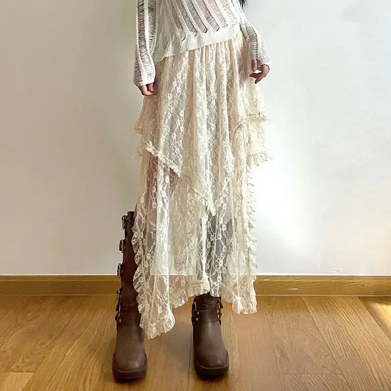 Ivory Lace Pixie High-Low Skirt – Gypsy Fairy Boho Y2K Dream